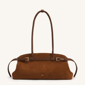 Arden Faux Suede Belt Detail East-West Shoulder Bag - Caramel Brown