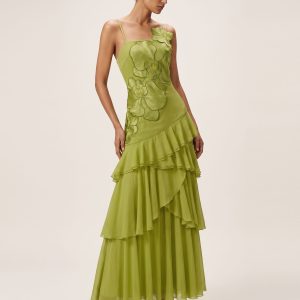 Orchid Embroidered Ruffled One-Shoulder Maxi Dress - Olive Green