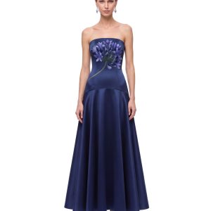 Floral Print Beaded Strapless Drop-Waist Maxi Dress - Navy