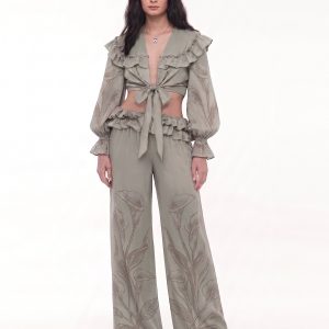 Calla Lily Ruffle Tie-Front Wide-Leg Pants - Sage Green