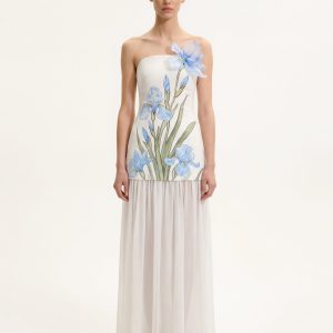 Floral Print Strapless Mixed Maxi Dress - Ivory
