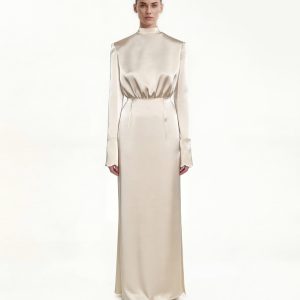 Structured Shoulder Design Satin High-Neck Fitted Maxi Dress - Cream