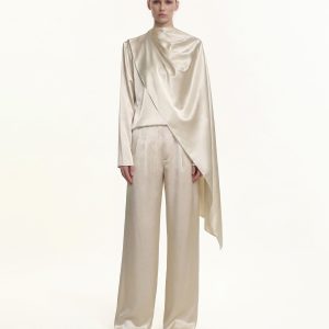 Asymmetric Drape High-Neck Cape Top - Cream