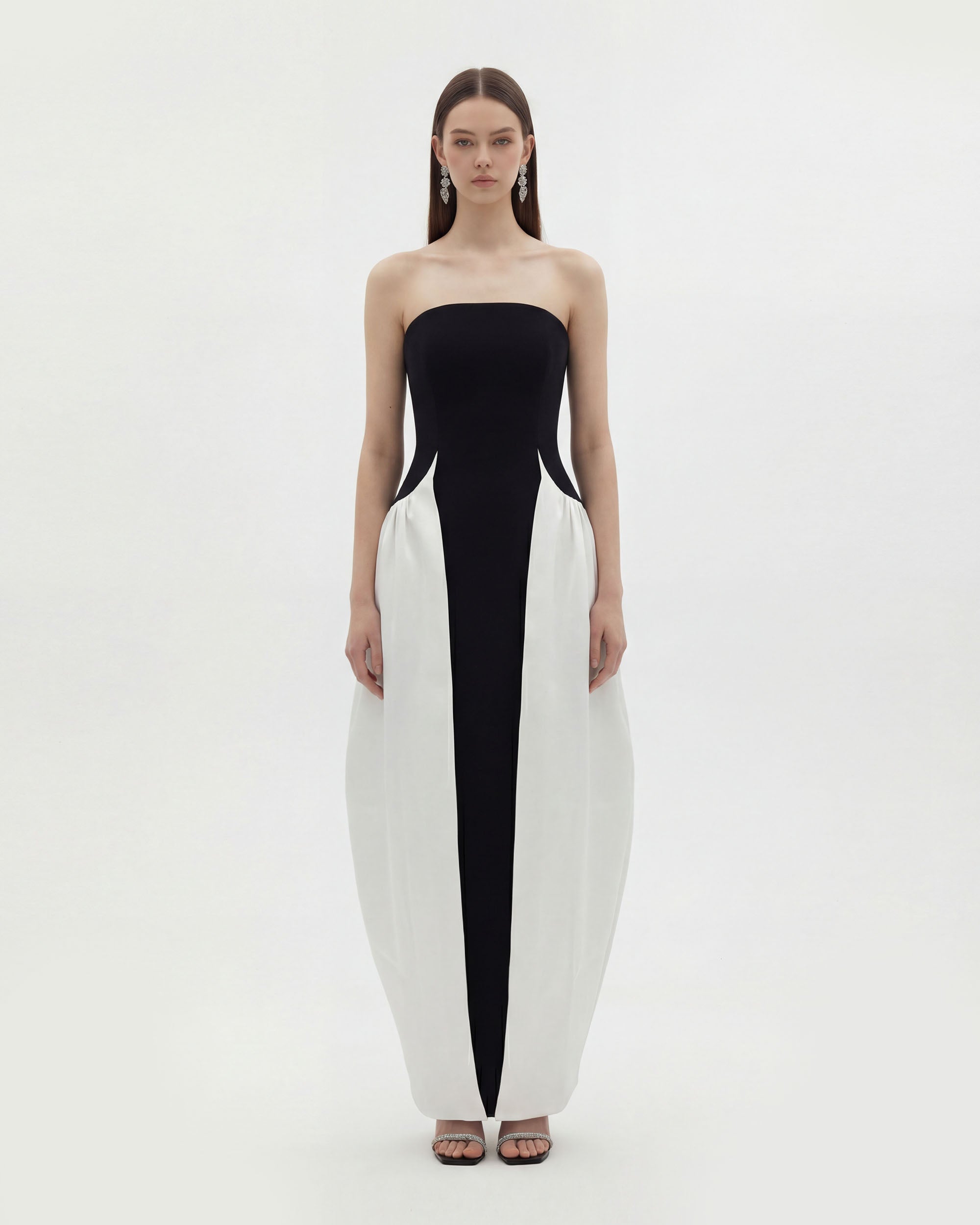 Monochrome Paneled Strapless Sculptural Maxi Dress - Black