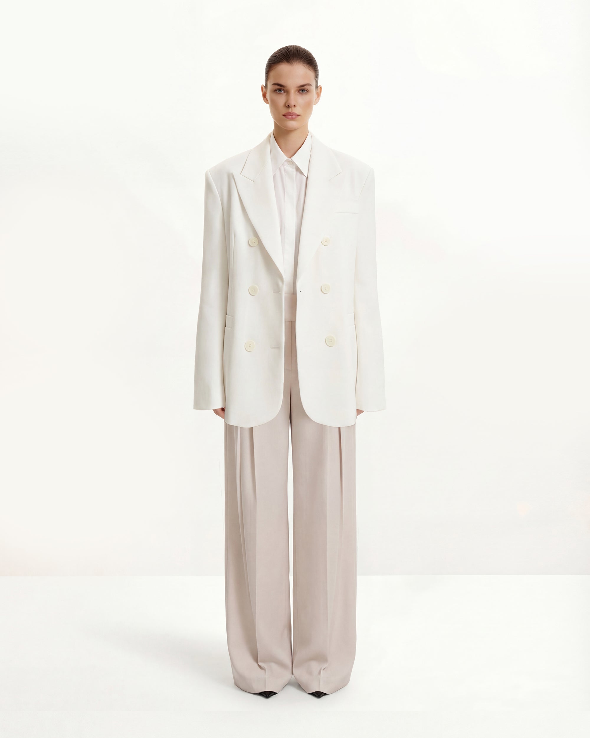 Pleated Wide-Leg Trousers - Beige
