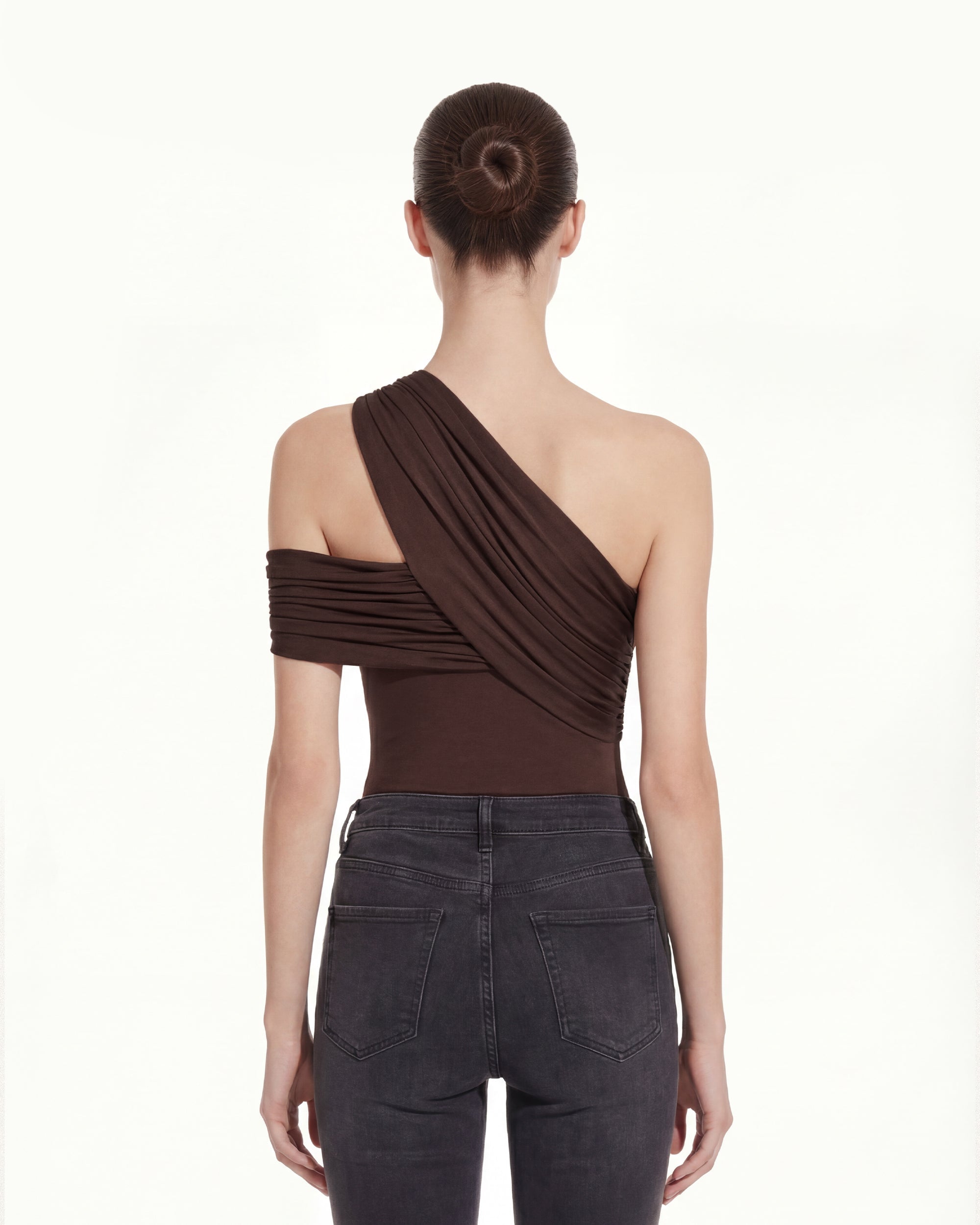 Ruched Asymmetric One-Shoulder Top - Brown - Image 4