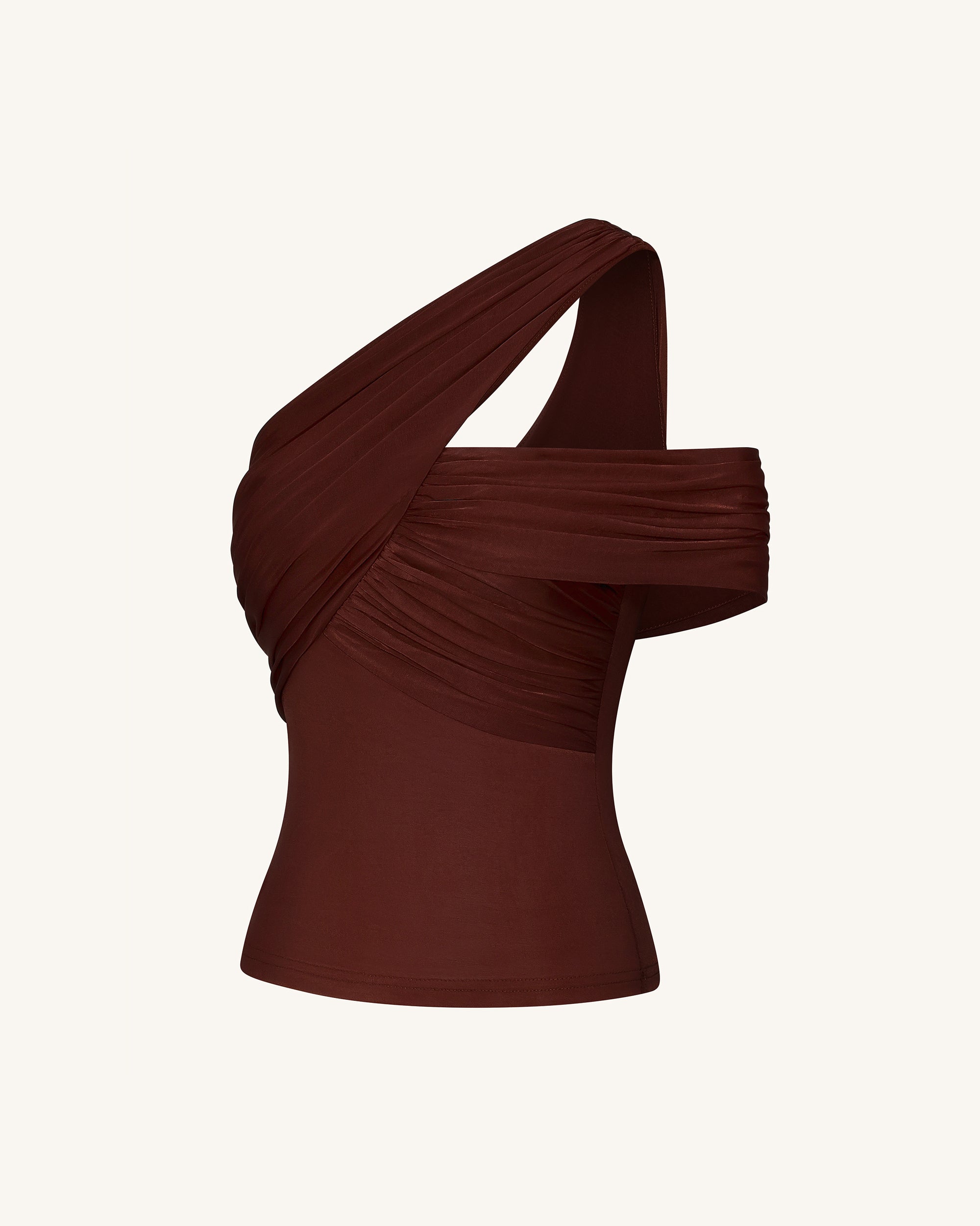 Ruched Asymmetric One-Shoulder Top - Brown - Image 6