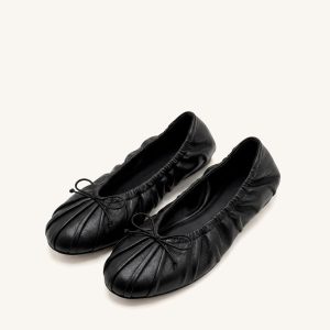Solenne Ruched Drawstring Ballet Flats - Black