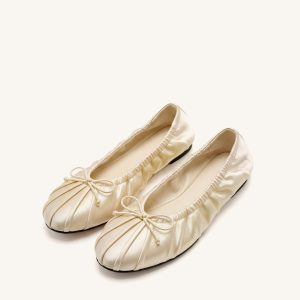 Solenne Ruched Drawstring Satin Ballet Flats - Beige