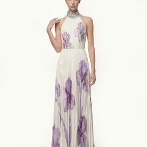 Jeweled-neck Halter Pleated Iris Print Maxi Dress - White/Purple