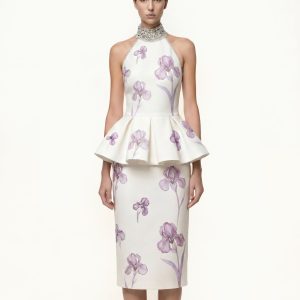 Iris Print High-Waisted Pencil Midi Skirt - White/Purple