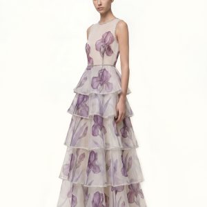 Jeweled-Trim Tiered Iris Print Organza Maxi Dress - White/Purple