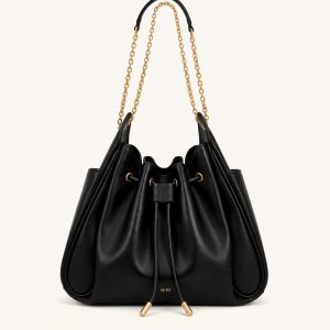 Rowan Ruched Drawstring Chain Bucket Bag - Black