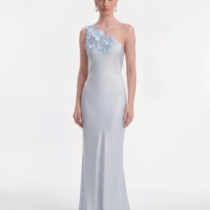 Floral Appliqué One Shoulder Maxi Dress - Light Blue