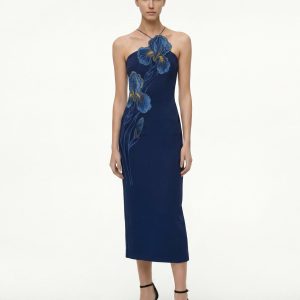 Iris Embroidered Halter Midi Dress - Navy Blue