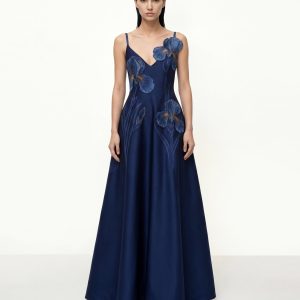 Iris Embroidered A-Line Maxi Dress - Navy Blue