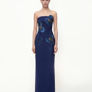 Iris Embroidered Strapless Maxi Dress - Navy Blue
