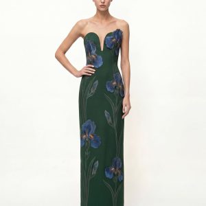 Iris Embroidered Notch Neck Strapless Maxi Dress - Emerald Green