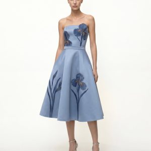 Iris Embroidered Strapless A-Line Midi Dress - Dusty Blue
