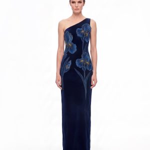 Iris Embroidered Velvet One Shoulder Maxi Dress - Navy Blue