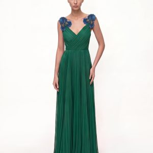 Iris Embroidered Pleated V-Neck Maxi Dress - Emerald Green