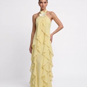 Floral Appliqué Ruffle Halter Chiffon Maxi Dress - Yellow