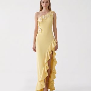 Floral Appliqué One Shoulder Ruffle Slit Dress - Yellow