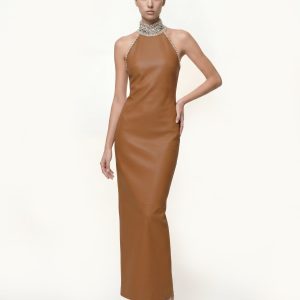 Jeweled High Neck Halter Maxi Dress - Caramel Brown