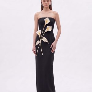 Floral Appliqué Strapless Dress - Black