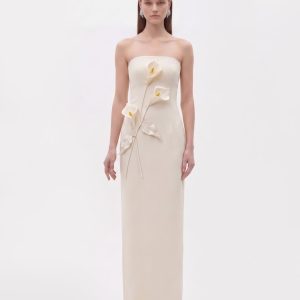Floral Appliqué Strapless Dress - Cream Ivory