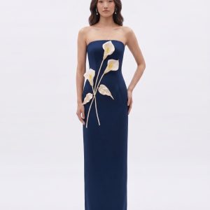 Floral Appliqué Strapless Dress - Navy Blue