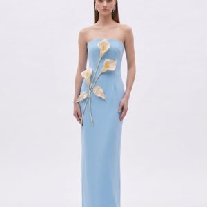 Floral Appliqué Strapless Dress - Light Blue