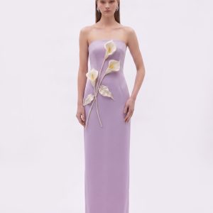 Floral Appliqué Strapless Dress - Purple