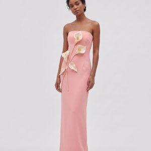 Floral Appliqué Strapless Dress - Coral Pink