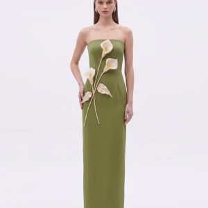 Floral Appliqué Strapless Dress - Olive Green