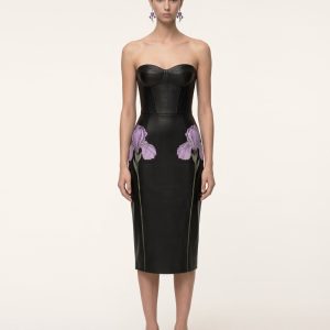 Iris Floral-Print Strapless Corset Leather Midi Dress - Black