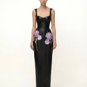 Iris Floral-Print Strappy Corset Leather Maxi Dress - Black