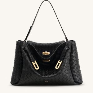 Rhea Large Woven Textured Shoulder Bag - Black