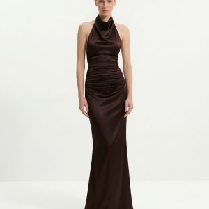 Satin Cowl Neck Ruched Maxi Gown - Dark Chocolate