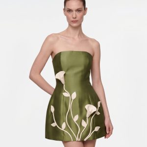 3D Vine Floral Strapless Mini Dress - Olive Green