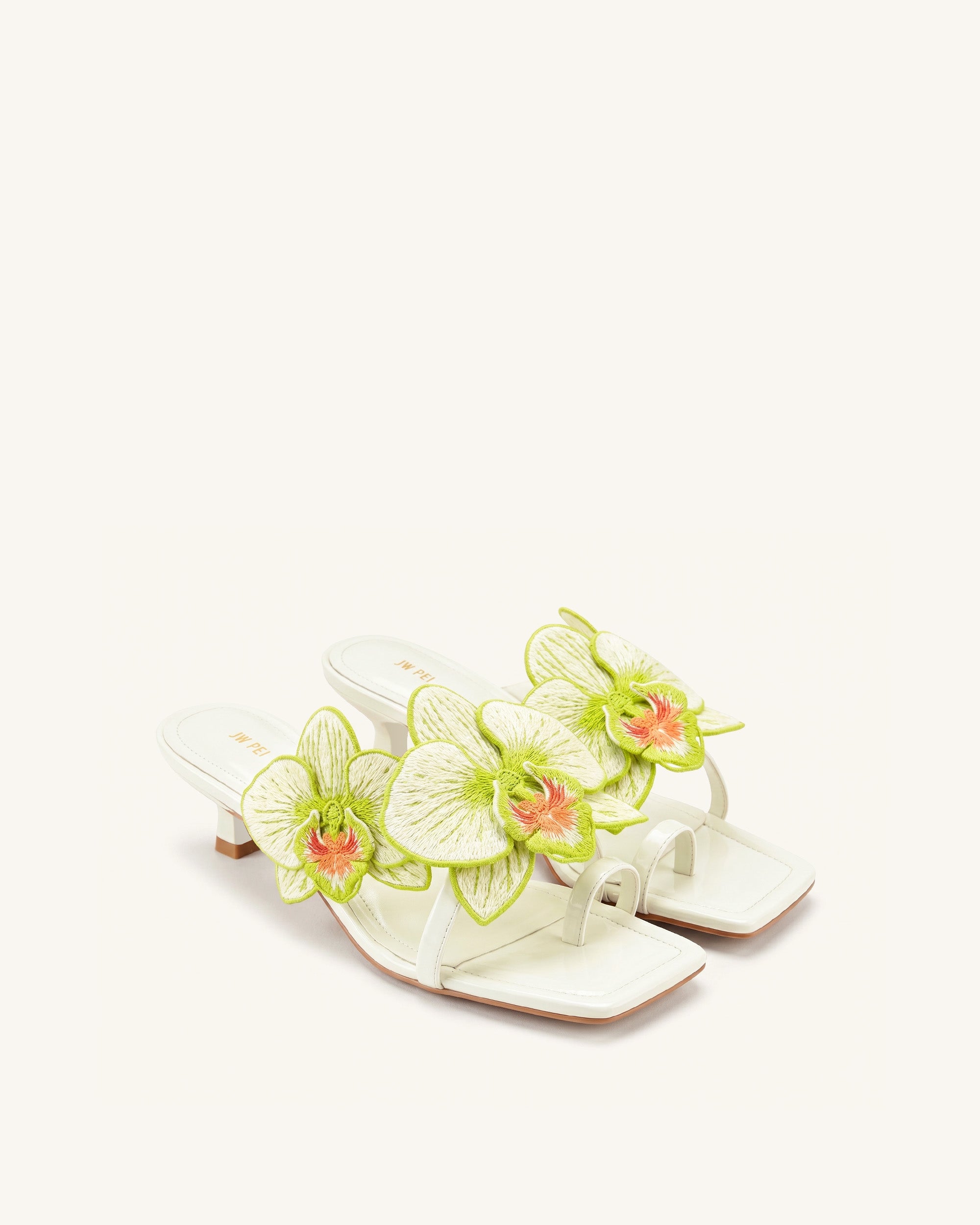 Serena Orchid Embroidered Toe Ring Heeled Sandals - Ivory Green - Image 2