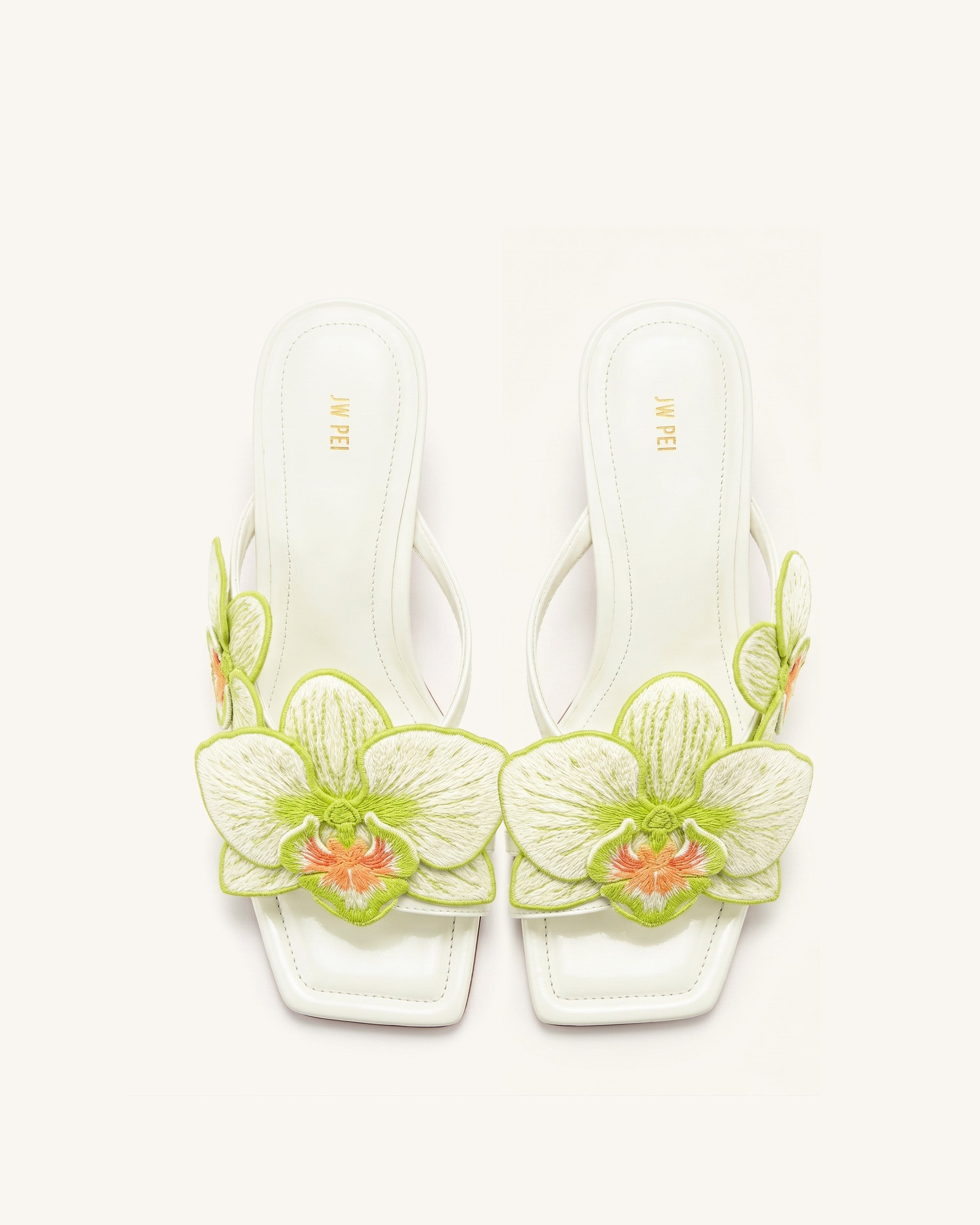 Serena Orchid Embroidered Toe Ring Heeled Sandals - Ivory Green - Image 3
