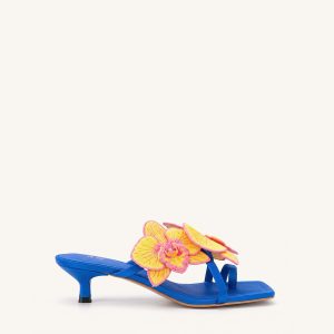 Serena Orchid Embroidered Toe Ring Heeled Sandals - Royal Blue