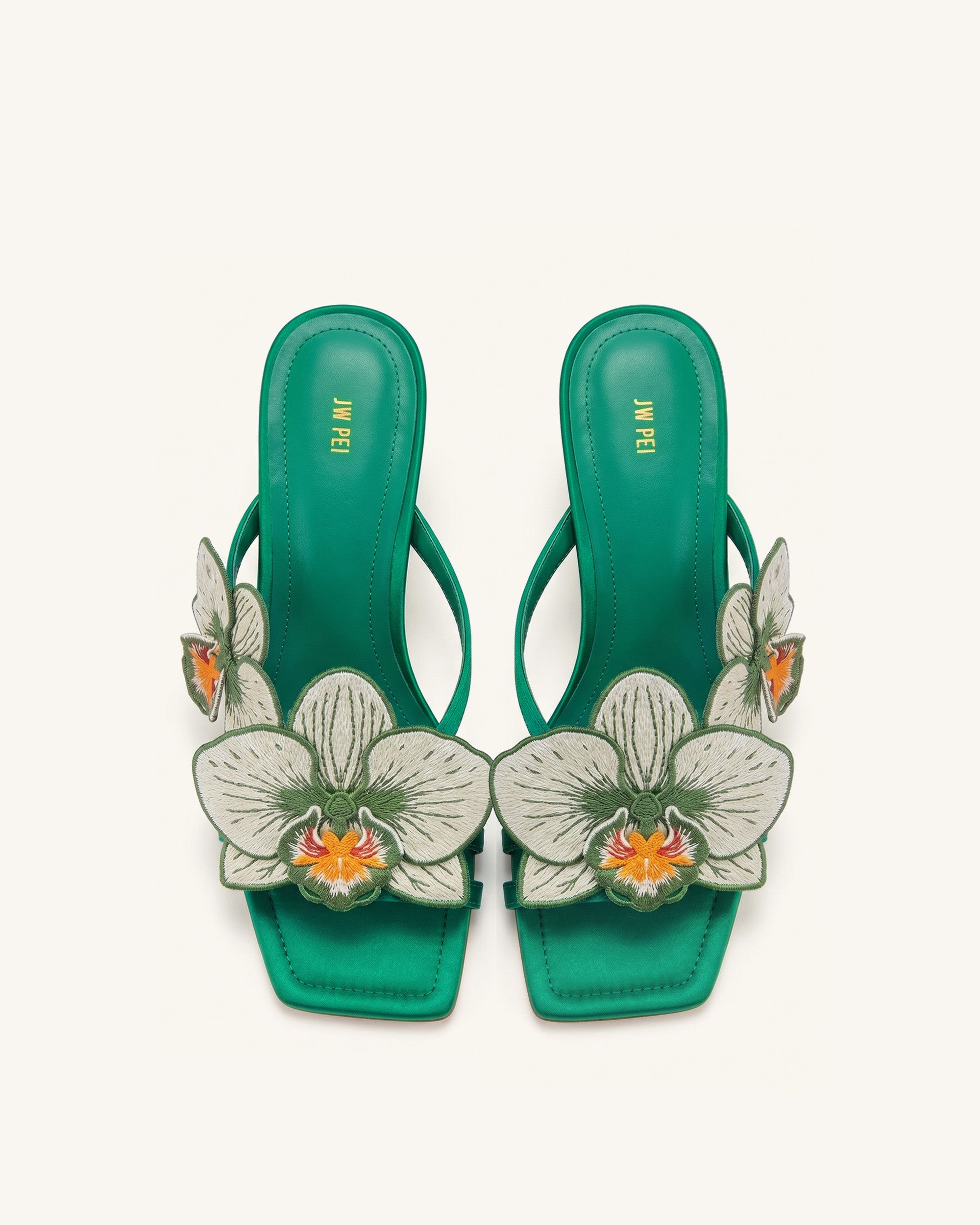 Serena Orchid Embroidered Toe Ring Heeled Sandals - Emerald Green - Image 3