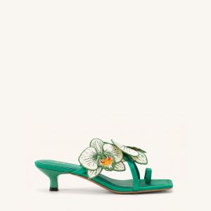 Serena Orchid Embroidered Toe Ring Heeled Sandals - Emerald Green