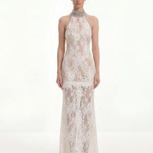 Jeweled Lace Halter Dress - White
