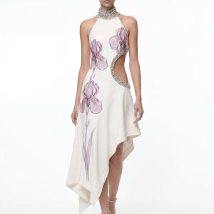Jeweled Floral Cutout High Neck Dress - White