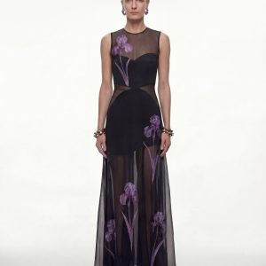 Sheer Floral Print Paneled Maxi Dress - Black