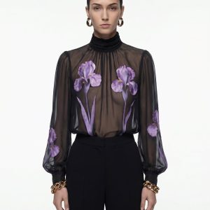Iris Print Sheer High Neck Blouse - Black/Purple