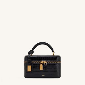 Cleo Box Shape Top Handle Bag - Black Croc